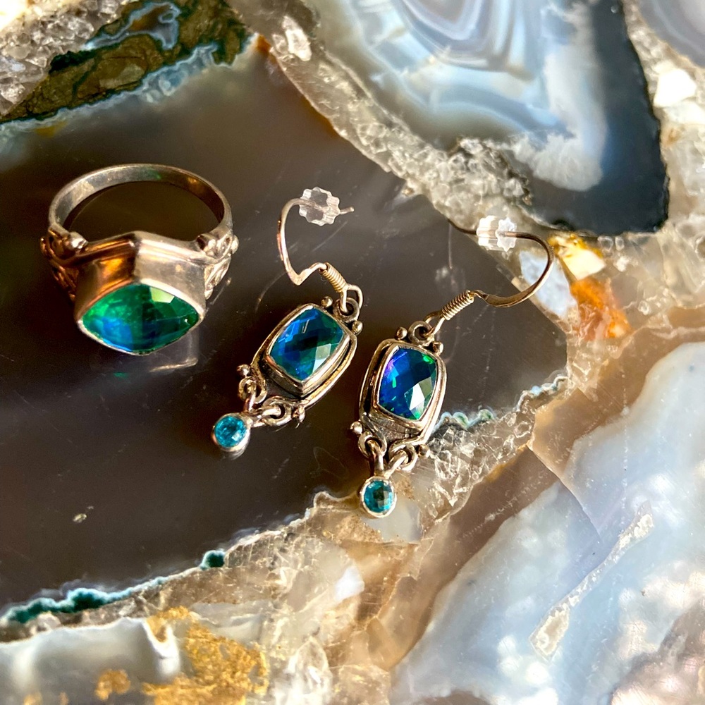 Sajen sterling silver mystic topaz set, ring and earrings